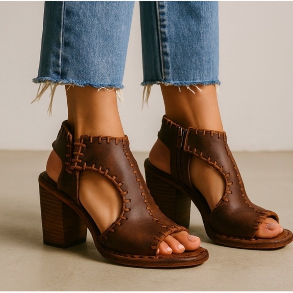 Farylrobin Loki Full Leather Wooden Heel Distressed Sandal Womens‎ Sz 6